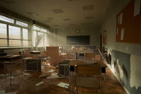 Téléchargez les photos : Une salle de classe autrefois animée maintenant silencieuse, avec des rayons de soleil projetant des ombres sur des débris éparpillés, des meubles renversés et les vestiges de l'éducation. - en image libre de droit