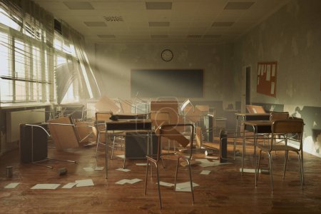 Geflecktes Sonnenlicht durchdringt die verlassene Stille eines verlassenen Klassenzimmers und wirft lange Schatten über die chaotische Szene aus umgedrehten Möbeln und verstreuten Dokumenten..