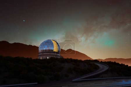 Photo for A secluded observatory with its domed structure stands against a backdrop of the starlit night sky, nestled atop a serene mountain ridge, evoking the grandeur of space exploration. - Royalty Free Image