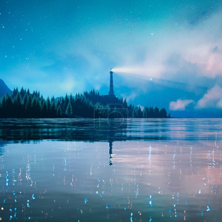 Faszinierender Blick auf einen Leuchtturm neben einem ruhigen See, dessen Licht sich auf glasigem Wasser vor einem mit glitzernden Sternen übersäten Abendhimmel spiegelt.