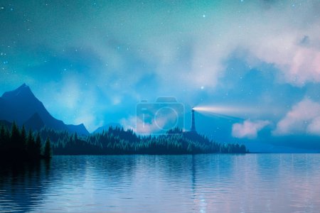 Photo for Captivating nighttime panorama features a serene lake encircled by lush forests, under a star-filled sky with a beaconing lighthouse amidst shadowy mountains. - Royalty Free Image