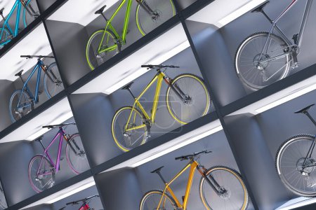 Foto de Una extensa colección de bicicletas de montaña modernas con diversos diseños y colores que se muestran en los estantes, destacando las últimas tendencias en equipos de ciclismo. - Imagen libre de derechos