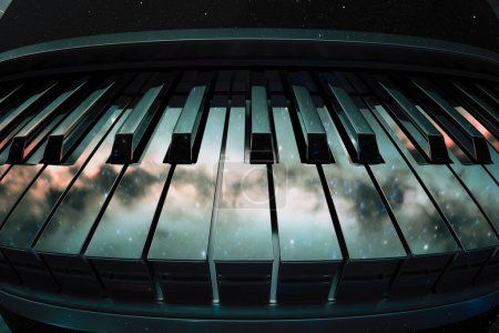 Foto de Una fascinante mezcla de elementos musicales y cósmicos: teclas de piano superpuestas con una galaxia llena de estrellas, invocando una colisión de creatividad y el cosmos en una impresionante armonía visual. - Imagen libre de derechos