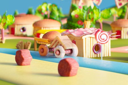 Photo for Dive into a vibrant food-themed fantasy realm, showcasing a colorful candy car, whimsically designed hamburger houses, and a lush green backdrop that's both surreal and playful. - Royalty Free Image