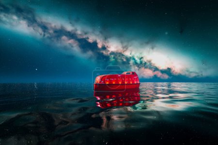 Téléchargez les photos : Un canot de sauvetage rouge solitaire dérive sur la mer sereine, sa teinte vibrante se dresse contre les eaux tranquilles sous les vastes cieux nocturnes étoilés. - en image libre de droit