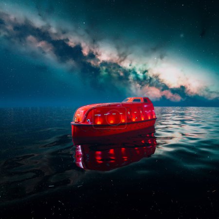 Téléchargez les photos : Un canot de sauvetage rouge isolé rayonne sous une nuit étoilée scintillante, incarnant une balise de sécurité dans les eaux calmes et sombres d'un océan ouvert et silencieux, prêt pour une mission de sauvetage urgente. - en image libre de droit