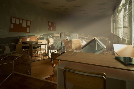 Foto de La inquietante calma de un aula escolar abandonada, bañada por rayos de luz solar que atraviesan a hurtadillas las cortinas rasgadas, resaltando el caos de escritorios y sillas volteadas. - Imagen libre de derechos