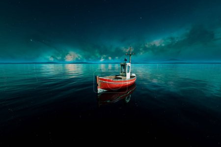 Téléchargez les photos : Un seul bateau de pêche se blottit doucement dans la vaste étendue de l'océan nocturne, embrassé par la magnifique lueur des aurores boréales et un ciel parsemé d'étoiles scintillantes. - en image libre de droit