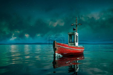 Photo for Under an expansive star-filled sky, a lone red fishing boat gently rocks on the serene sea, bathed in the ethereal glow of the Northern Lights with a mountain silhouette. - Royalty Free Image