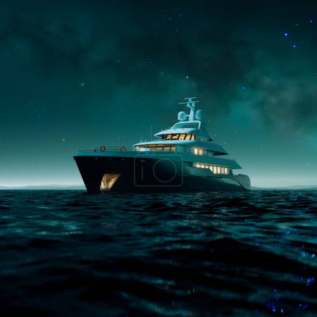 Téléchargez les photos : Un yacht de luxe navigue sans heurts dans les eaux tranquilles de l'océan, sa silhouette posée sur un fond de ciel étoilé, incarnant le summum de l'élégance maritime. - en image libre de droit