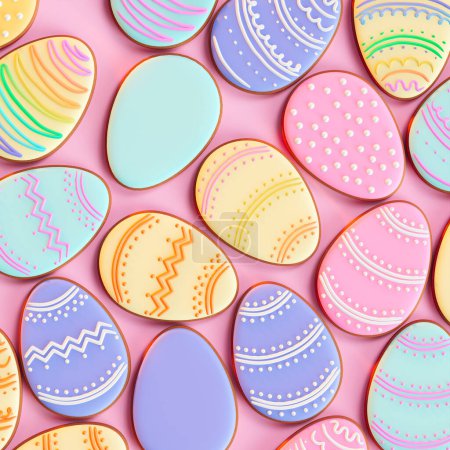 Delight in this collection of artisanal Easter cookies, intricately iced to resemble festive eggs, presented against a charming pastel pink backdrop for a seasonal treat.