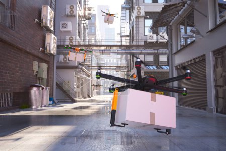 Drone autonome avancé navigue à travers un paysage urbain, s'intégrant parfaitement dans l'environnement urbain avec un package sécurisé à bord, mettant en valeur l'avenir des méthodes de livraison efficaces.