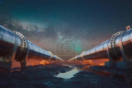 Una vívida representación digital de un oleoducto industrial serpenteando a través de un terreno árido, bajo un fascinante cielo lleno de estrellas que insinúa exploración e infinitas posibilidades de energía.