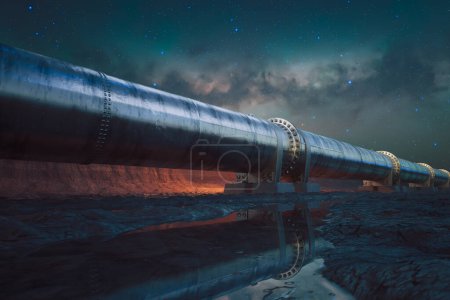 A majestic evening scene unveils an expansive industrial pipeline stretching into the horizon, its reflection shimmering in tranquil waters beneath a captivating, starlit sky.