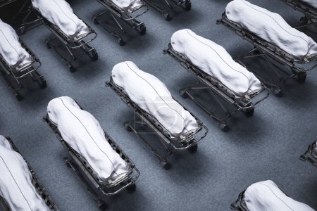 A stark morgue setting revealing several bodies shrouded in white, lined on metal gurneys, evoking emotions rooted in life's transience and the solemnity of death.