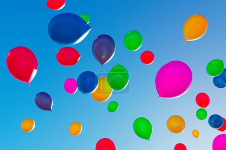 A kaleidoscope of helium-filled balloons ascend into the azure expanse, encapsulating the essence of festivities, light-heartedness, and the joy of a sun-kissed day.