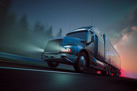 Capturing the dynamic essence of night logistics, this image showcases a semi-truck's vibrant lights in motion as it traverses the highway beneath a star-studded night sky.