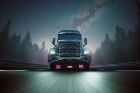 Captivating image of a long-haul semi-truck in motion on a secluded highway, piercing the quiet of a star-studded night with its bright headlights.