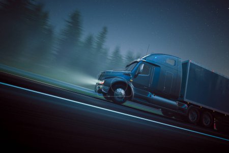 Capturing the essence of logistics, this photo shows a semi truck dynamically cruising along a desolate highway swathed in the profound calm of a star-filled nocturnal backdrop.