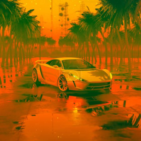 Téléchargez les photos : Scène surréaliste d'une voiture de sport électrique de pointe entourée de palmiers et se reflétant dans l'eau dans une rue de la ville, baignée dans la lueur d'un ciel orangé au crépuscule. - en image libre de droit