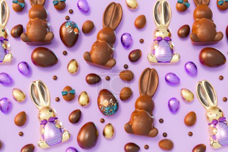 Exquisite Kollektion von verschiedenen Milch- und Zartbitterschokolade-Osterhasen gepaart mit bunt dekorierten Eiern, präsentiert auf einem üppigen lila Hintergrund, um den fröhlichen Frühlingsurlaub zu feiern.