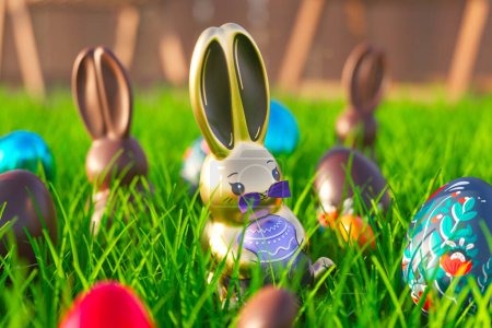 Photo for A spirited Easter scene capturing the essence of a traditional egg hunt with shiny chocolate bunnies amid an array of brightly painted eggs against a backdrop of lush green grass. - Royalty Free Image