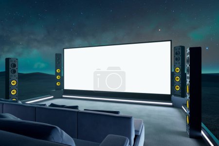 Experience the ultimate in luxury with this exquisite home theater, boasting state-of-the-art surround sound, a massive screen, plush seating, and a mesmerizing starlit background.