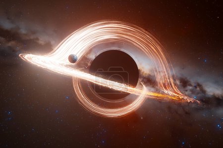 Foto de Una intrincada representación de un agujero negro cósmico mientras tira dramáticamente de material estelar, ilustrado con un disco de acreción en medio de una galaxia iluminada por estrellas. - Imagen libre de derechos