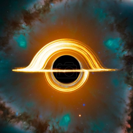 Cette ?uvre numérique capture la gravité d'un majestueux trou noir tirant dans la matière, formant un disque d'accrétion lumineux, le tout dans le contexte d'une nébuleuse étoilée.