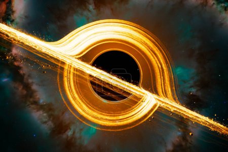 Visualisation impressionnante générée par ordinateur montrant un vaste trou noir au centre avec des disques d'accrétion en spirale, contre la tapisserie d'un univers rempli d'étoiles.