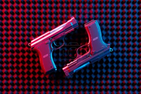 A visually striking presentation of two handguns bathed in contrasting neon lights, set against a dark, grainy texture, depicting a blend of danger and modern aesthetics.