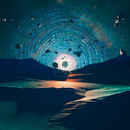 Ein fesselndes digitales Kunstwerk, das ein vom Schnee bedecktes außerirdisches Terrain mit einer strahlenden Portalöffnung unter einem ausgedehnten, sternenübersäten Nachthimmel zeigt.