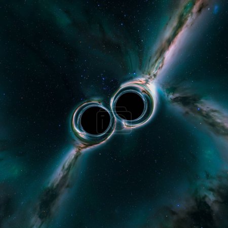 Esta ilustración captura el momento dramático de dos agujeros negros fusionados en el espacio, ofreciendo una exploración visual de las ondas gravitacionales y los fenómenos del espacio profundo..