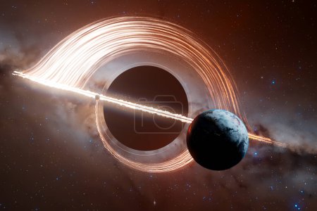 Foto de Ilustración cautivadora que representa la interacción dramática entre un agujero negro y una estrella, mostrando el poder y la belleza crudos de los eventos cósmicos. - Imagen libre de derechos
