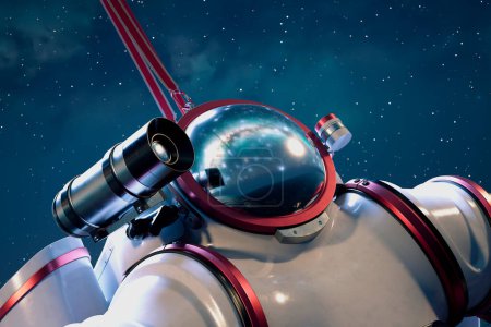Téléchargez les photos : Illustration très détaillée d'un astronaute utilisant un télescope, symbolisant la quête du savoir cosmique et le voyage sans fin dans l'étendue infinie de l'espace. - en image libre de droit
