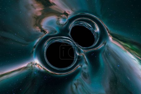 This striking illustration captures an imagined moment where two black holes merge, surrounded by a swirling dance of stars, in the vastness of our universe.
