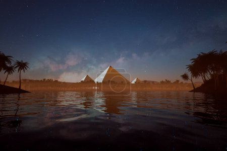 Photo for A breathtaking nocturnal vista showcases the great Giza Pyramids under a celestial tapestry, with their silhouettes mirrored in the tranquil waters, bordered by palm shadows. - Royalty Free Image