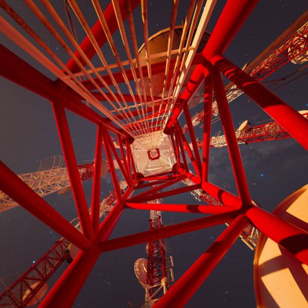 Foto de Imagen impactante capturando la silueta imponente de una torre celular roja enmarcada por un cielo nocturno salpicado de estrellas, destacando la destreza tecnológica y la conectividad. - Imagen libre de derechos