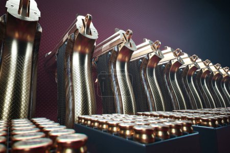 Display of high-end, custom-engraved handguns with matching ammunition, all elegantly organized atop a textured crimson surface, showcasing luxury and craftsmanship.