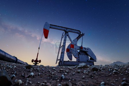 Silhouetted against the nocturnal canvas, an industrious oil pumpjack operates tirelessly beneath a vast, star-filled sky, epitomizing round-the-clock energy production.