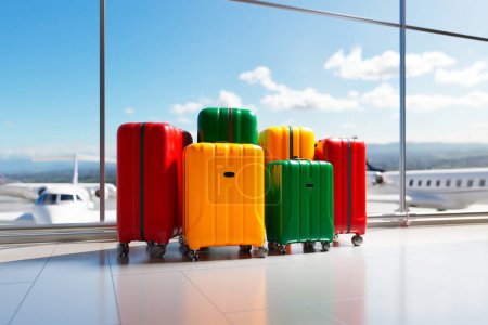 Foto de Diversa gama de brillantes y coloridas maletas ordenadas cuidadosamente en un aeropuerto, lo que indica el zumbido de la actividad de viaje con un avión visible en el sereno telón de fondo. - Imagen libre de derechos
