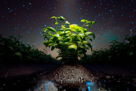 Captivating visual of plants illuminated by a soft glow under a cosmic, star-filled sky, showcasing the enchanting interplay between flora and celestial beauty at night.