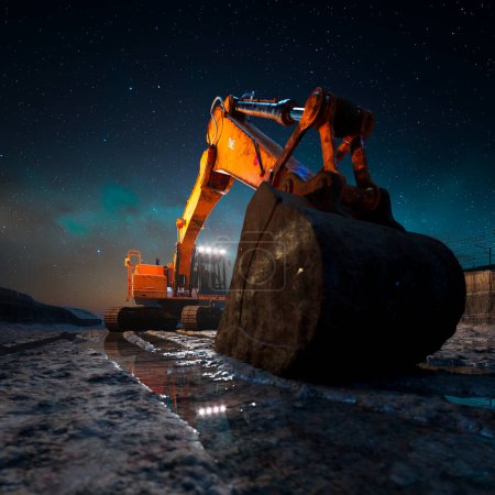 Photo for Illuminated heavy-duty excavator working through the night at a construction site, silhouetted against a vivid starlit sky with the serene reflection of lights on nearby water. - Royalty Free Image