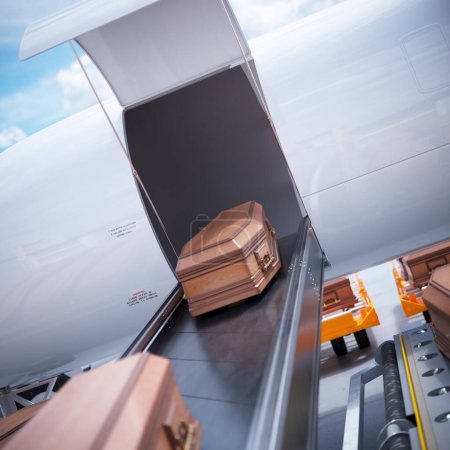 Image depicting a solemn moment as coffins are carefully loaded into an airplane's cargo hold, signifying the respectful repatriation and air transport services for the deceased.