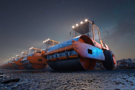 Illuminated road rollers arrayed on fresh asphalt, prepped for nocturnal construction under a star-filled sky, depicting a serene yet industrious night scene.