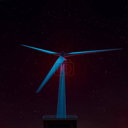 Foto de Un aerogenerador solitario gira con gracia sobre el brillante telón de fondo del vasto cielo nocturno, ejemplificando los avances en energía limpia, renovable y tecnología sostenible. - Imagen libre de derechos