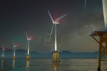 Foto de Majestuosa vista nocturna del océano con turbinas eólicas marinas brillan en medio de aguas tranquilas, bajo un vasto cielo lleno de estrellas que refleja el avance tecnológico en energía renovable. - Imagen libre de derechos