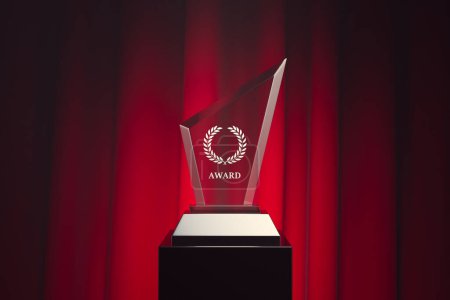 Photo for An exquisitely crafted crystal trophy, featuring a laurel wreath design, takes center stage atop a pedestal set against a rich red backdrop, embodying prestige and accomplishment. - Royalty Free Image