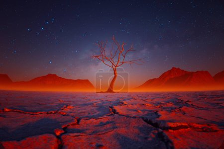 Evocative image capturing a lone tree's silhouette amidst the tranquil beauty of a starlit twilight desert sky, with distinct mountain outlines and textured ground.