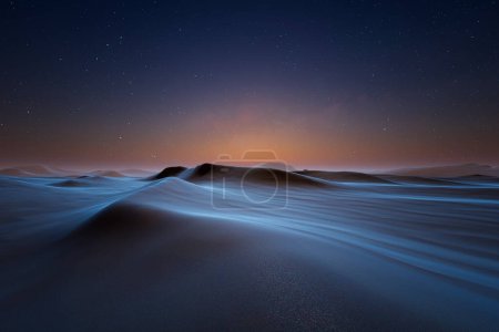 Foto de Una captura serena e inspiradora de dunas de arena expansivas contra la hora del crepúsculo, con un vasto cielo lleno de estrellas por encima, destacando la belleza intacta de la naturaleza. - Imagen libre de derechos